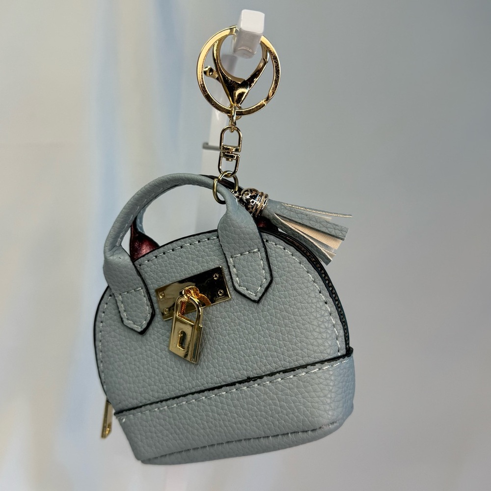 Mini Gray Keychain Bag with Gold Accents